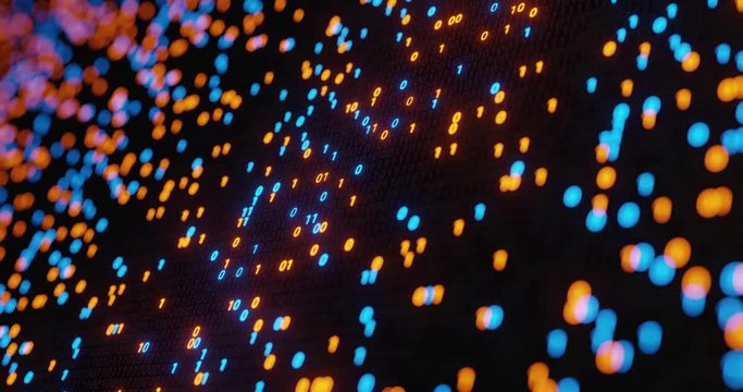 Abstract seamless blue and orange digital binary code matrix background loop. Motion graphic for Big data information technology, data center, block chain, server, internet, hi-speed. 3D rendering