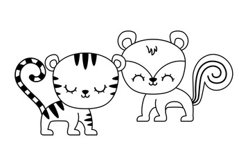 cute tiger with chipmunk animals isolated icon