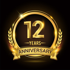 Celebrating 12th years anniversary logo with golden ring and ribbon, laurel wreath vector design.