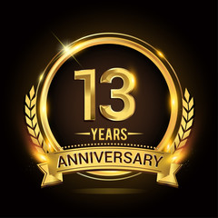 Celebrating 13th years anniversary logo with golden ring and ribbon, laurel wreath vector design.
