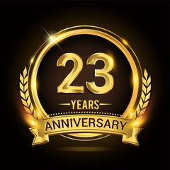 Celebrating 23rd years anniversary logo with golden ring and ribbon, laurel wreath vector design.