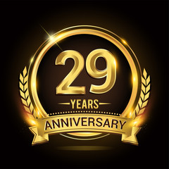 Celebrating 29th years anniversary logo with golden ring and ribbon, laurel wreath vector design.