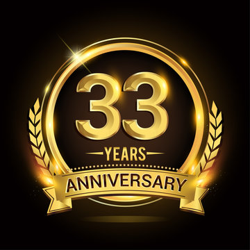 Celebrating 33rd years anniversary logo with golden ring and ribbon, laurel wreath vector design.