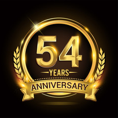 Celebrating 54th years anniversary logo with golden ring and ribbon, laurel wreath vector design.