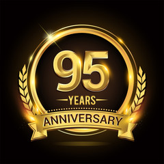 Celebrating 95th years anniversary logo with golden ring and ribbon, laurel wreath vector design.