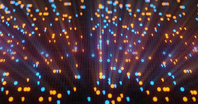 Abstract seamless blue and orange digital binary code matrix background loop. Motion graphic for Big data information technology, data center, block chain, server, internet, hi-speed. 3D rendering