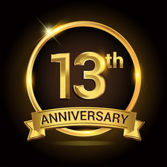 13th golden anniversary logo, with shiny ring and ribbon, laurel wreath isolated on black background, vector design