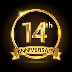 14th golden anniversary logo, with shiny ring and ribbon, laurel wreath isolated on black background, vector design