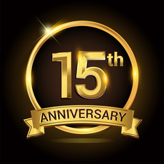 15th golden anniversary logo, with shiny ring and ribbon, laurel wreath isolated on black background, vector design