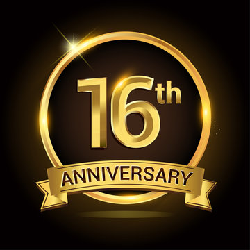 16th golden anniversary logo, with shiny ring and ribbon, laurel wreath isolated on black background, vector design
