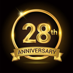28th golden anniversary logo, with shiny ring and ribbon, laurel wreath isolated on black background, vector design