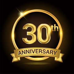 30th golden anniversary logo, with shiny ring and ribbon, laurel wreath isolated on black background, vector design