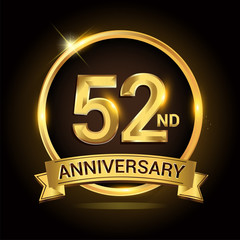 52nd golden anniversary logo, with shiny ring and ribbon, laurel wreath isolated on black background, vector design
