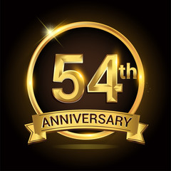 54th golden anniversary logo, with shiny ring and ribbon, laurel wreath isolated on black background, vector design