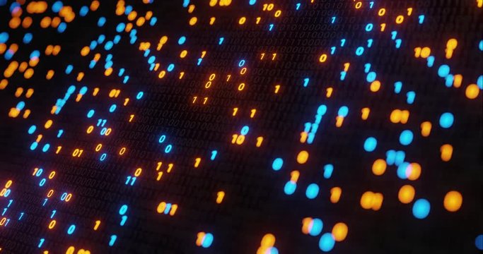 Abstract seamless blue and orange digital binary code matrix background loop. Motion graphic for Big data information technology, data center, block chain, server, internet, hi-speed. 3D rendering