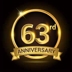 63rd golden anniversary logo, with shiny ring and ribbon, laurel wreath isolated on black background, vector design