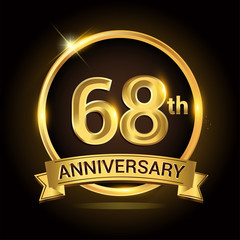 68th golden anniversary logo, with shiny ring and ribbon, laurel wreath isolated on black background, vector design