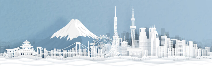 Panorama view of Tokyo city skyline with world famous landmarks of Japan in paper cut style vector illustration.