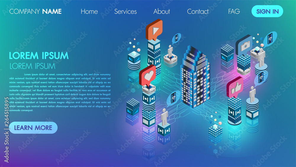 Poster social media network flat 3d isometric concept vector icon with technology connect database digital 