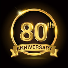 80th golden anniversary logo, with shiny ring and ribbon, laurel wreath isolated on black background, vector design