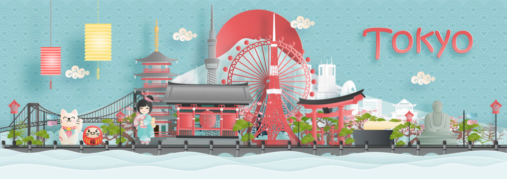 Panorama view of Tokyo city skyline with world famous landmarks of Japan in paper cut style vector illustration.