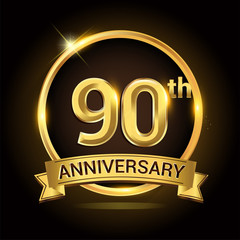 90th golden anniversary logo, with shiny ring and ribbon, laurel wreath isolated on black background, vector design