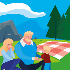 parents couple with son in the field picnic day