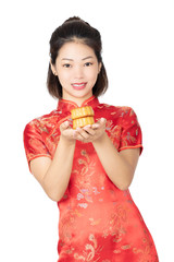 Chinese woman  holding Moon Cake isolated on a white background