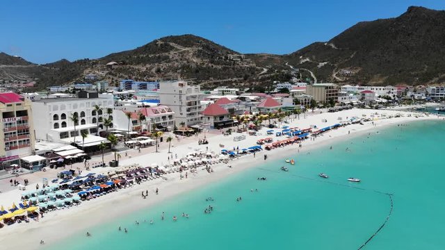 Aerial View of the Caribbean Beach and Hills Aerial footage of Great Bay Beach, Philipsburg, Sint Maarten/Saint Martin, Caribbean Islands