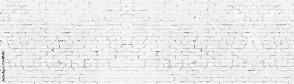 Wall mural whitewashed shabby brick wall wide panoramic texture. white painted old brickwork panorama. long lig