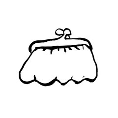 Vintage purse icon. Black and white dry brush grunge background.