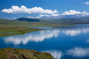 The sky with beautiful clouds reflected on the surface of a mountain lake