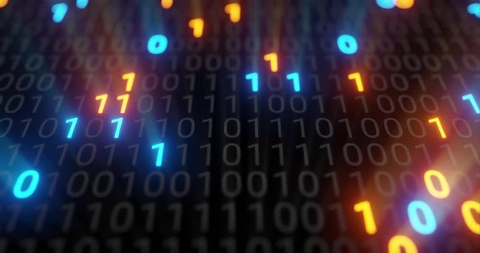 Abstract seamless blue and orange digital binary code matrix background loop. Motion graphic for Big data information technology, data center, block chain, server, internet, hi-speed. 3D rendering