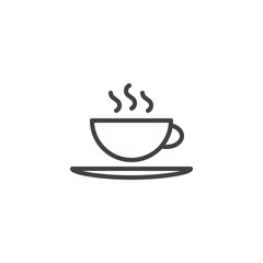 Hot coffee cup and saucer line icon. linear style sign for mobile concept and web design. Tea cup with hot drink outline vector icon. Breakfast symbol, logo illustration. Pixel perfect vector graphics