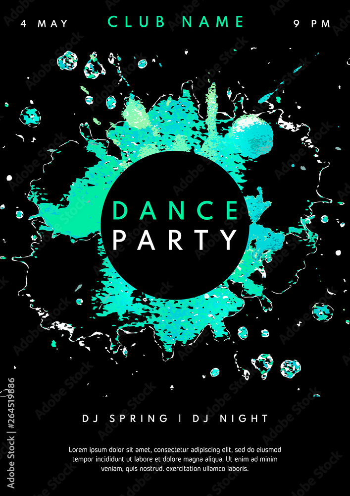 Wall mural Abstract Dance Party poster template. Watercolor Dance Party design template with space for your text. Dance Party flyer in blue and black colors. Vector illustration