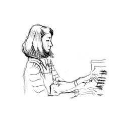 Art drawing of girl playing piano, on white background