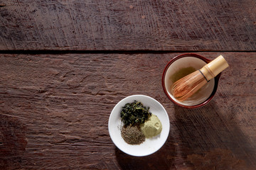macha tea on wooden surface
