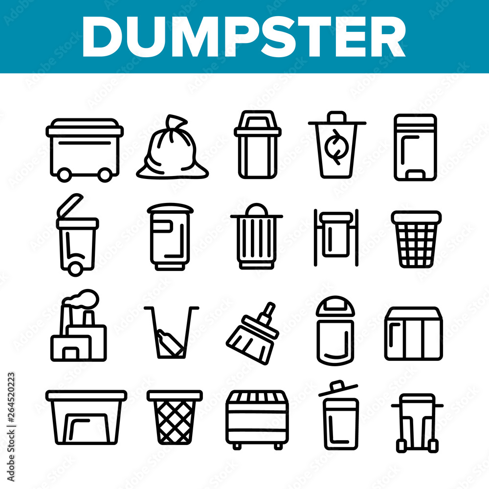 Poster dumpster, garbage container thin line icons set. dumpster, trash collecting equipment linear illustr