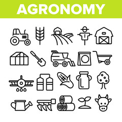 Agronomy Industry Vector Thin Line Icons Set. Agronomy Machinery Linear Illustrations. Growing Crops, Fruits Equipment. Farming, Meat, Dairy Products Manufacturing. Storage Facilities Contour Symbols