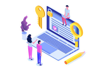 Smart contract, Digital signature isometric concept. Blockchain technology. Vector illustration