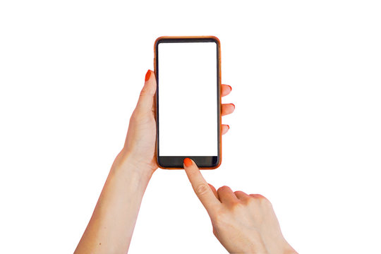 Closeup shot of a woman typing on mobile phone isolated on white background.. Girl's hand holding a modern smartphone and pointing with figer. Blank screen to put it on your own webpage or message.