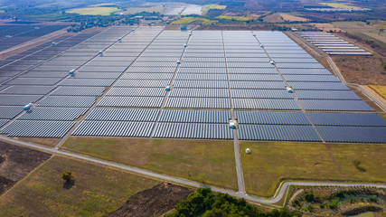 aerial over view solar cells area factory farm in Thailand