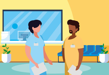 interracial couple medicine workers in reception hospital