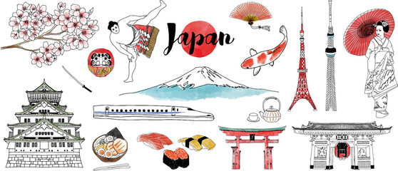 Hand drawn Japan illustration set.  - obrazy, fototapety, plakaty
