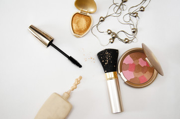 set of cosmetics on white background