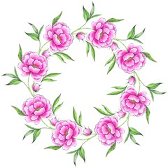 Floral frame with pink flowers. Wreath with peony