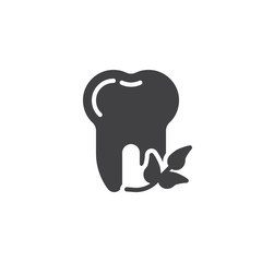 Tooth and mint leaves vector icon. filled flat sign for mobile concept and web design. Healthy tooth with herbal leaves glyph icon. Dentistry, stomatology dental care symbol, logo illustration