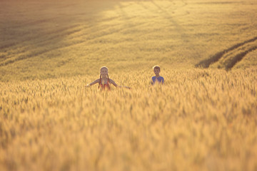 children run across a golden wheat field and laugh, lifestyle, concept