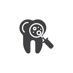 Dental diagnosis service vector icon. Microscopic bacteria tooth protection filled flat sign for mobile concept and web design. Tooth with magnifying glass glyph icon. Symbol, logo illustration