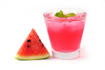 Watermelon juice with mint in glass and slice watermelon isolated on white background